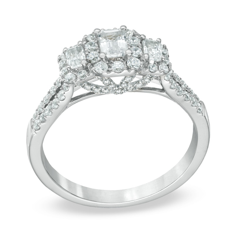 1 CT. T.W. Certified Emerald-Cut Diamond Three Stone Frame Ring in 14K White Gold (I/I1)