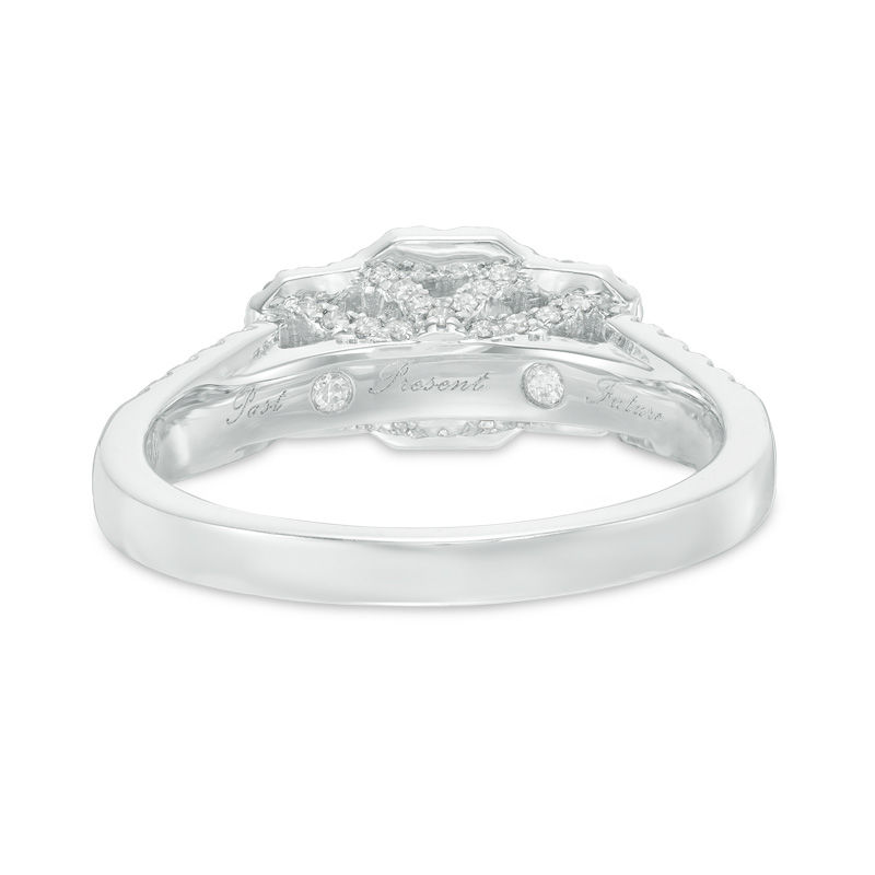 Main Image 3 of 1 CT. T.W. Certified Emerald-Cut Diamond Three Stone Frame Ring in 14K White Gold (I/I1)
