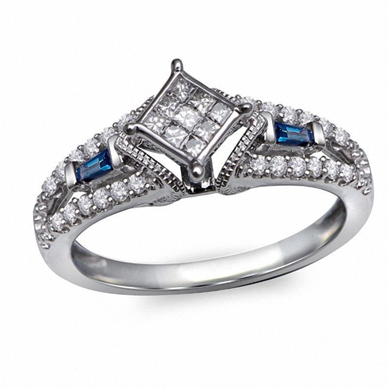 Cherished Promise Collection™ 1/5 CT. T.W. Quad Princess-Cut Diamond and Blue Sapphire Ring in 10K White Gold