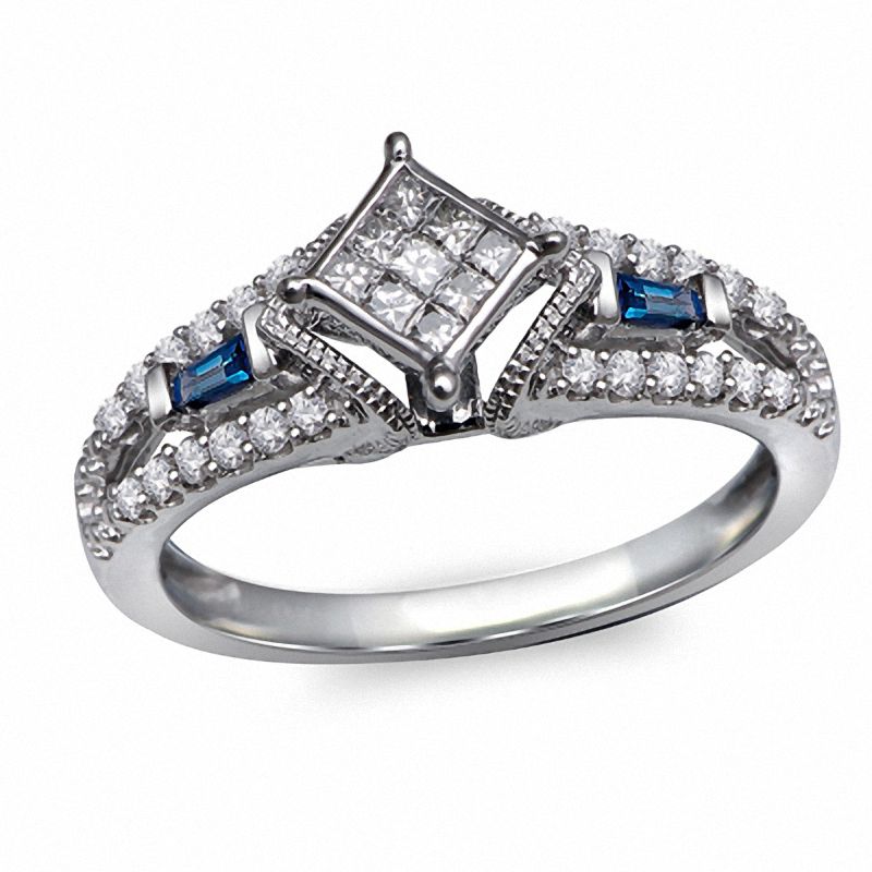 Main Image 1 of Cherished Promise Collection™ 1/5 CT. T.W. Quad Princess-Cut Diamond and Blue Sapphire Ring in 10K White Gold