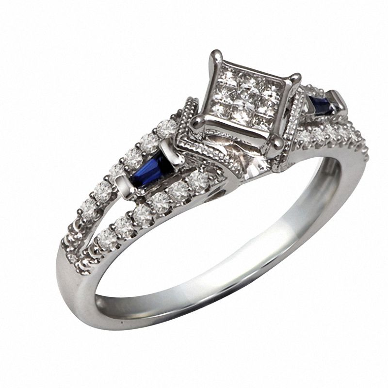 Cherished Promise Collection 1 5 CT. T.W. Quad Princess Cut Diamond and Blue Sapphire Ring in 10K White Gold Zales