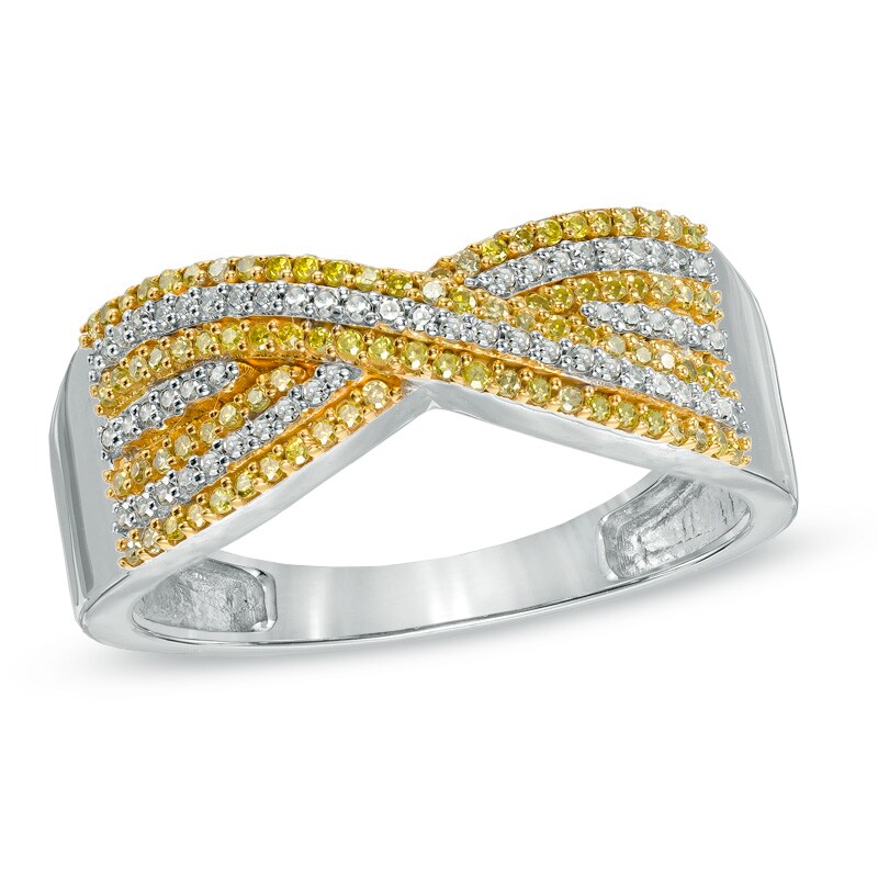 Main Image 1 of 1/3 CT. T.W. Enhanced Yellow and White Diamond Layered Criss-Cross Ring in 10K White Gold