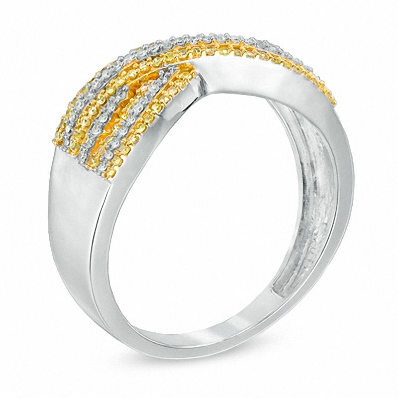 Main Image 2 of 1/3 CT. T.W. Enhanced Yellow and White Diamond Layered Criss-Cross Ring in 10K White Gold