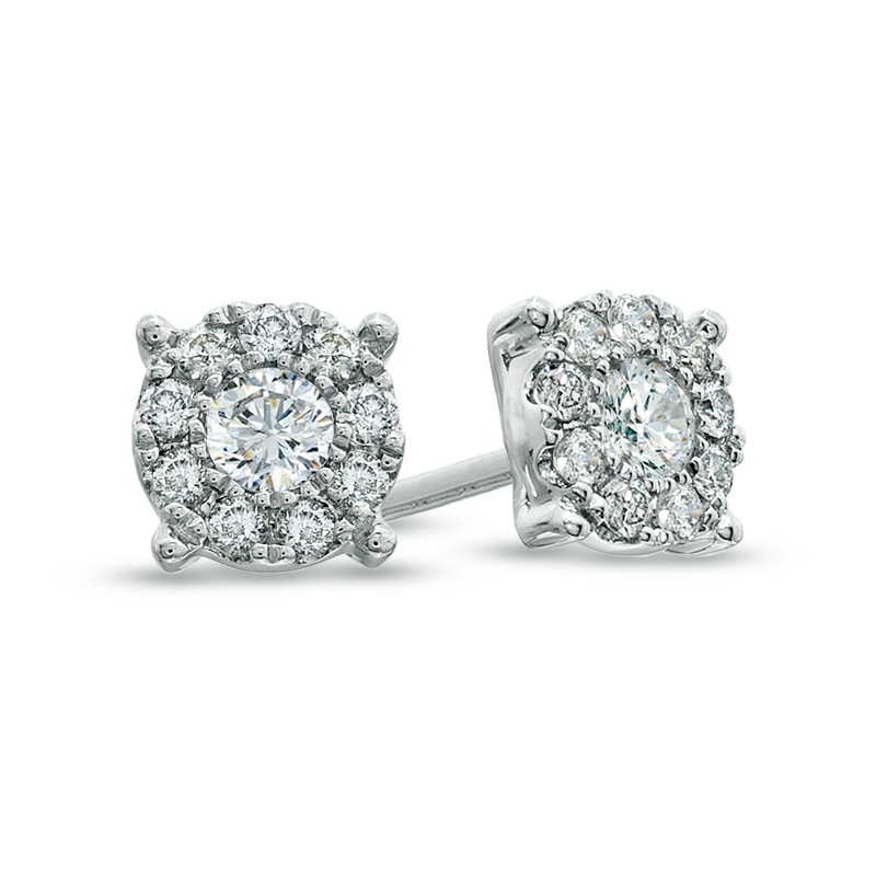 Main Image 1 of 1/2 CT. T.W. Diamond Frame Square Basket Stud Earrings in 14K White Gold
