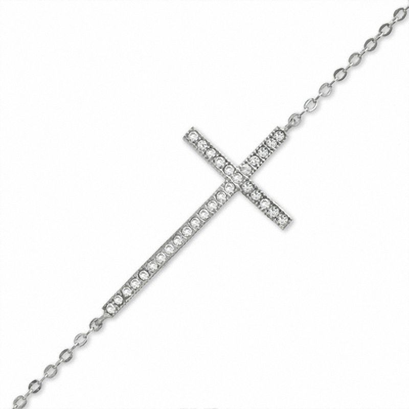 Main Image 1 of Lab-Created White Sapphire Sideways Cross Bracelet in Sterling Silver - 7.25"