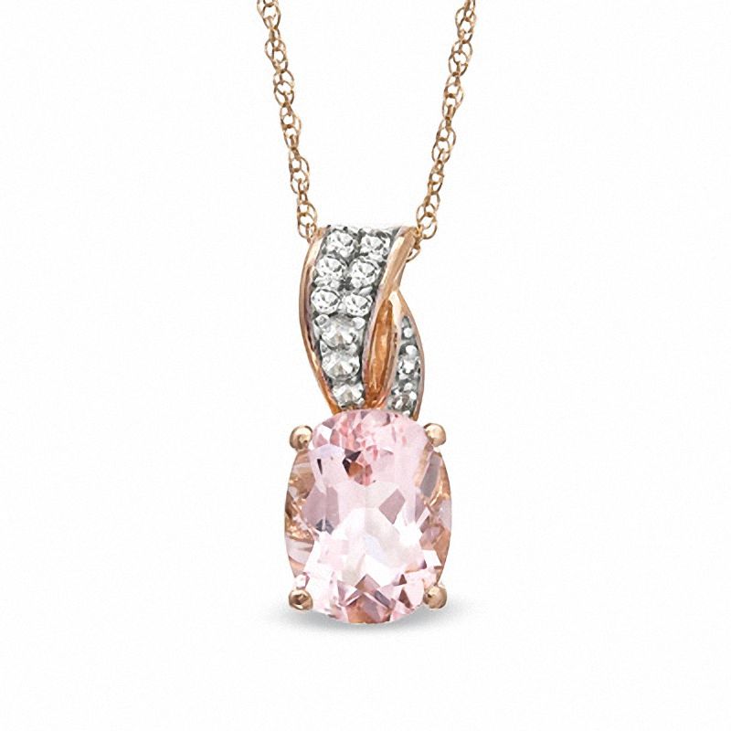 Main Image 1 of Oval Morganite and Lab-Created White Sapphire Ribbon Pendant in 10K Rose Gold