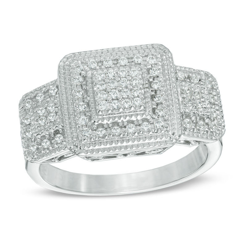 1/3 CT. T.W. Princess-Cut Composite Diamond Frame Three Stone Ring in Sterling Silver