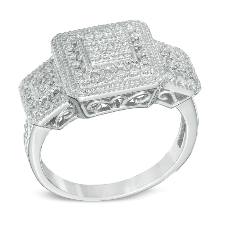 1/3 CT. T.W. Princess-Cut Composite Diamond Frame Three Stone Ring in Sterling Silver