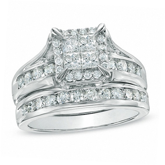 1-1/2 CT. T.w. Quad Princess-Cut Diamond Bridal Set in 14K White Gold