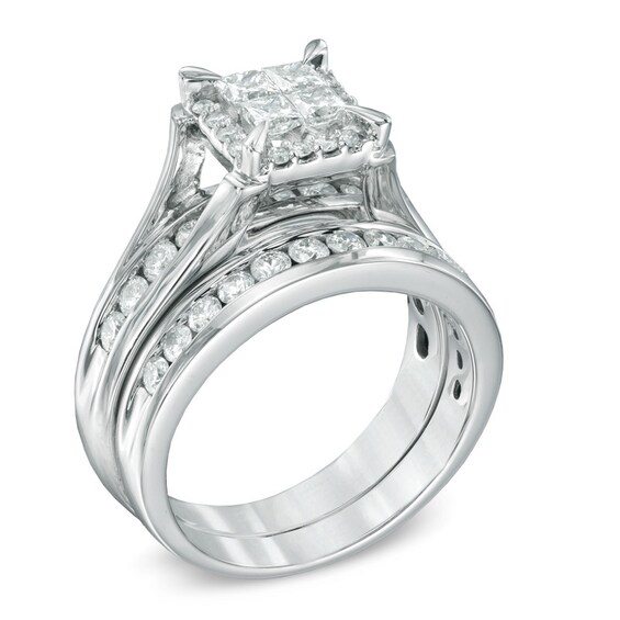 1-1/2 CT. T.w. Quad Princess-Cut Diamond Bridal Set in 14K White Gold