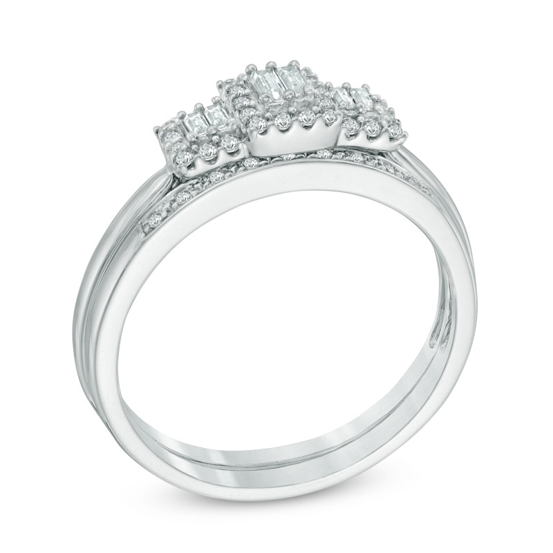 Main Image 2 of 1/5 CT. T.W. Baguette Diamond Three Stone Promise Ring in 10K White Gold
