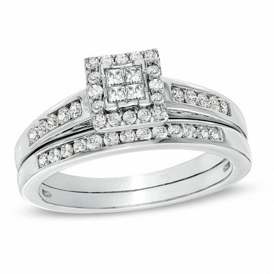 1/2 CT. T.w. Quad Princess-Cut Diamond Bridal Set in 10K White Gold