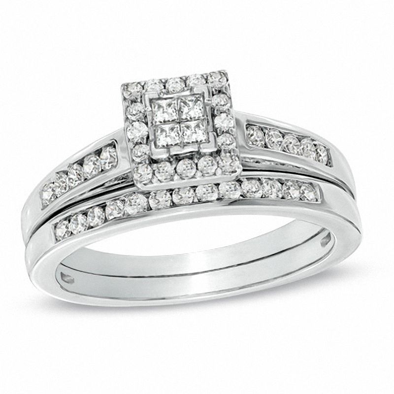Main Image 1 of 1/2 CT. T.W. Quad Princess-Cut Diamond Bridal Set in 10K White Gold