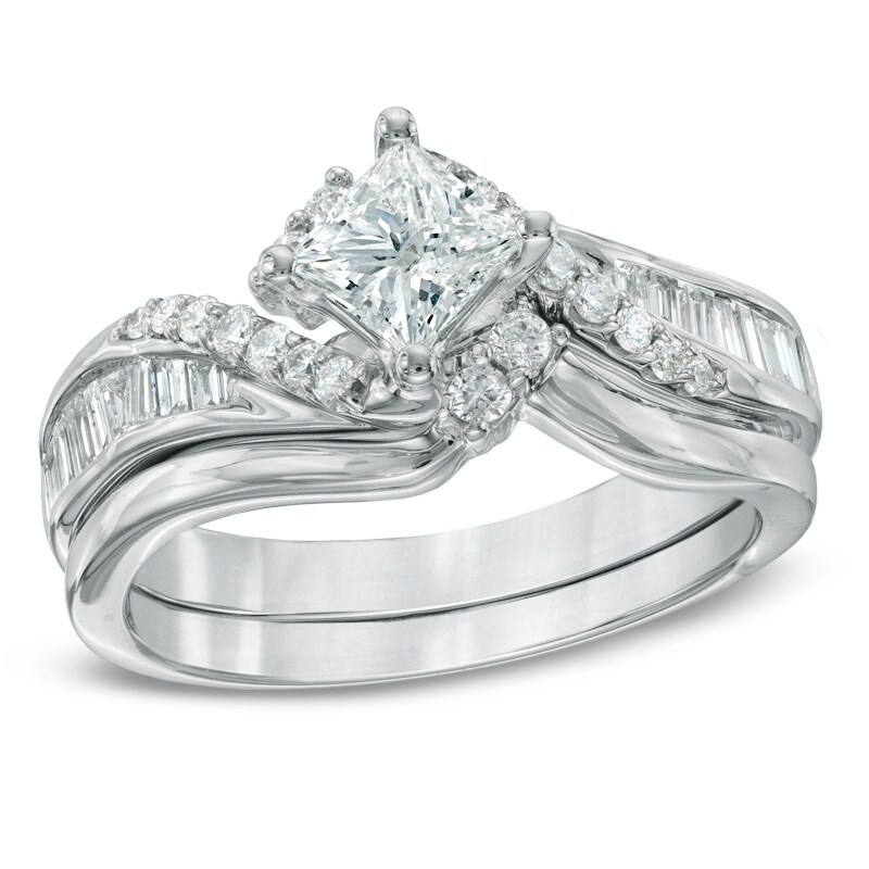 Main Image 1 of 1 CT. T.W. Princess-Cut Diamond Bypass Bridal Set in 14K White Gold