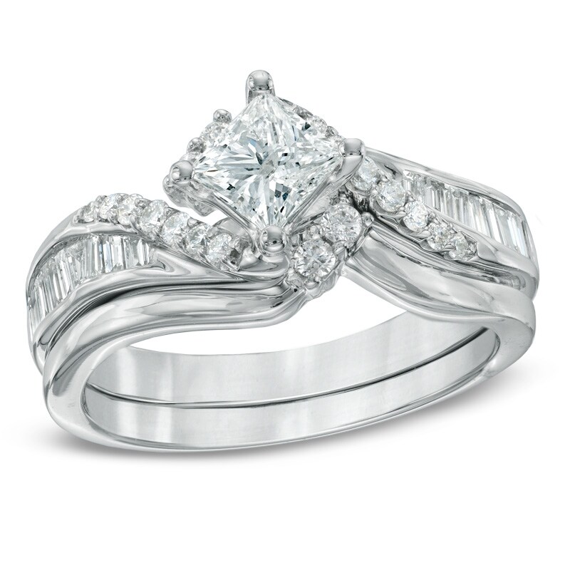 1 CT. T.W. Princess-Cut Diamond Bypass Bridal Set in 14K White Gold