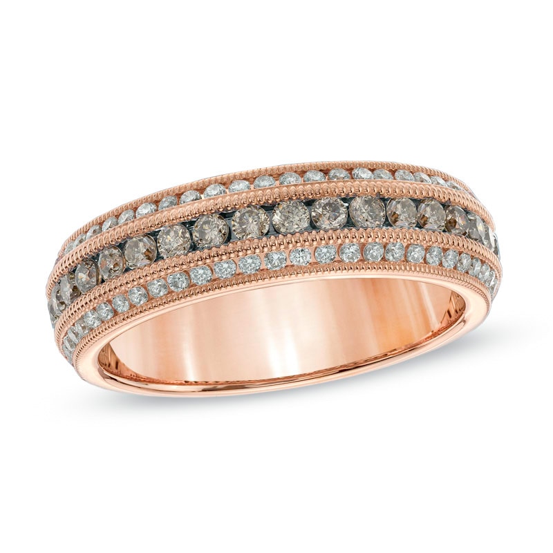 Main Image 1 of 3/4 CT. T.W. Champagne and White Diamond Vintage-Style Anniversary Band in 14K Rose Gold