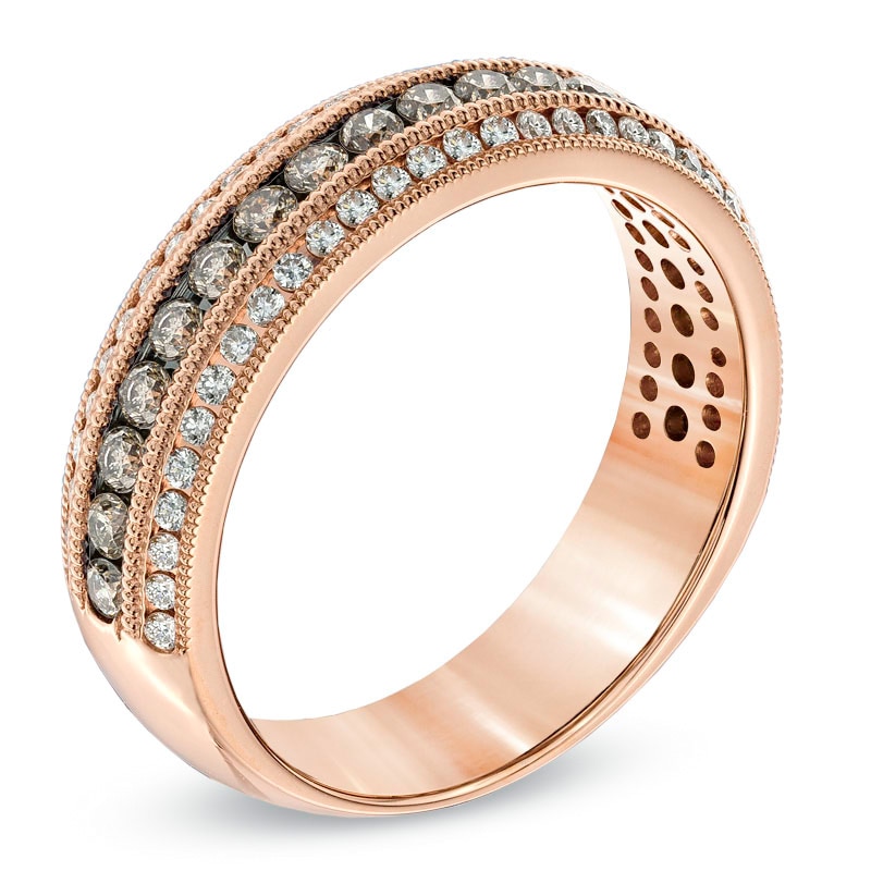 Main Image 2 of 3/4 CT. T.W. Champagne and White Diamond Vintage-Style Anniversary Band in 14K Rose Gold