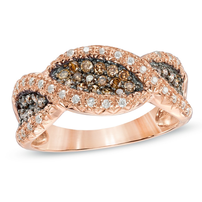 Main Image 1 of 1/2 CT. T.W. Champagne and White Diamond Rope Ring in 14K Rose Gold