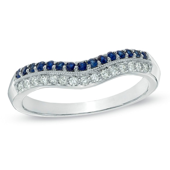 1/10 CT. T.w. Diamond and Blue Sapphire Vintage-Style Contour Wedding Band in 14K White Gold