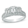 Thumbnail Image 0 of 1-1/2 CT. T.W. Certified Emerald-Cut Diamond Three Stone Frame Ring in 14K White Gold (I/I1)