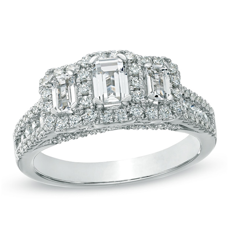 Main Image 1 of 1-1/2 CT. T.W. Certified Emerald-Cut Diamond Three Stone Frame Ring in 14K White Gold (I/I1)
