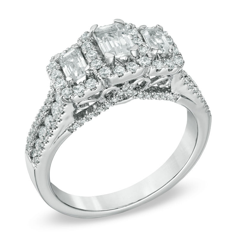 1-1/2 CT. T.W. Certified Emerald-Cut Diamond Three Stone Frame Ring in 14K White Gold (I/I1)