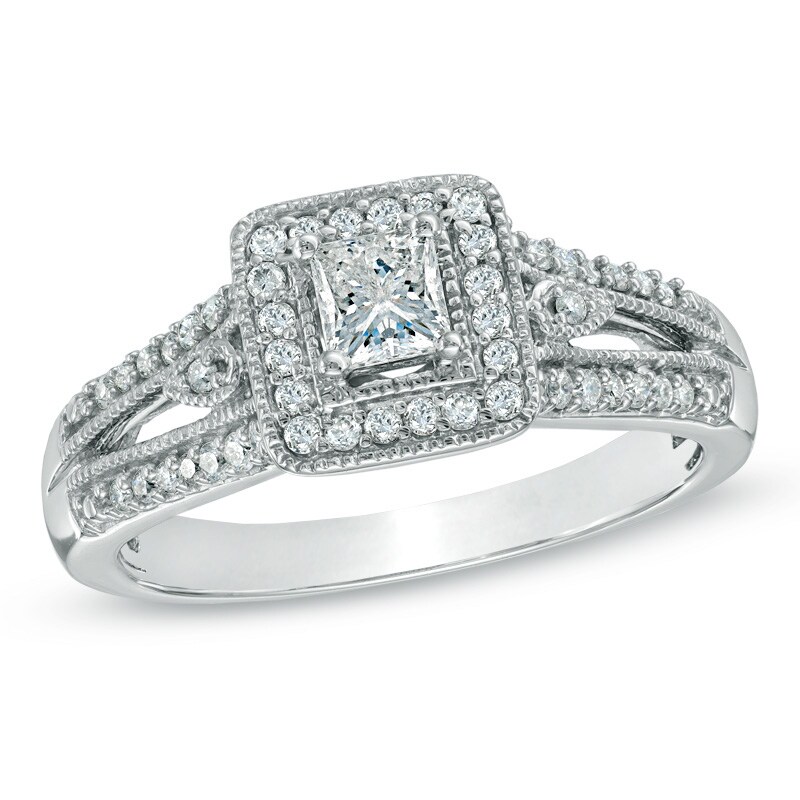 Main Image 1 of 1/2 CT. T.W. Princess-Cut Diamond Vintage-Style Engagement Ring in 10K White Gold