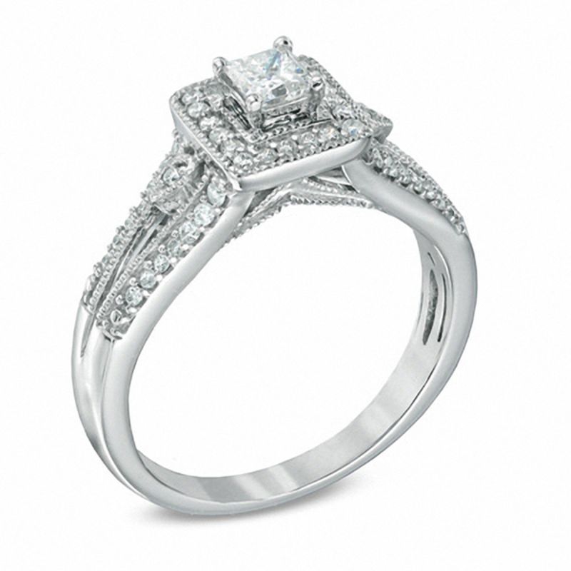 Main Image 2 of 1/2 CT. T.W. Princess-Cut Diamond Vintage-Style Engagement Ring in 10K White Gold