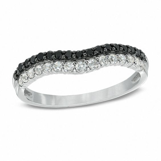 3/8 CT. T.w. Enhanced Black and White Diamond Double Row Contour Wedding Band in 14K White Gold