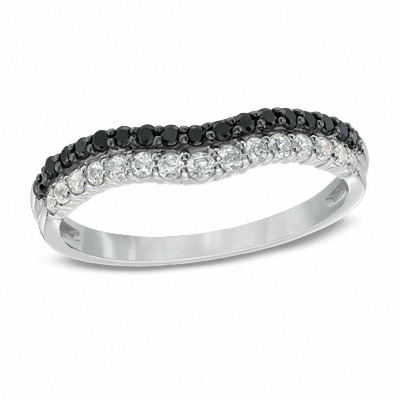 Main Image 1 of 3/8 CT. T.W. Enhanced Black and White Diamond Double Row Contour Wedding Band in 14K White Gold