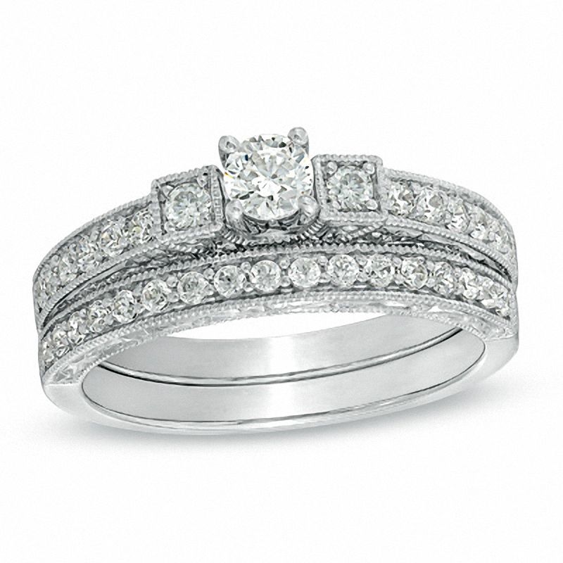 Main Image 1 of 5/8 CT. T.W. Diamond Three Stone Bridal Set in 14K White Gold