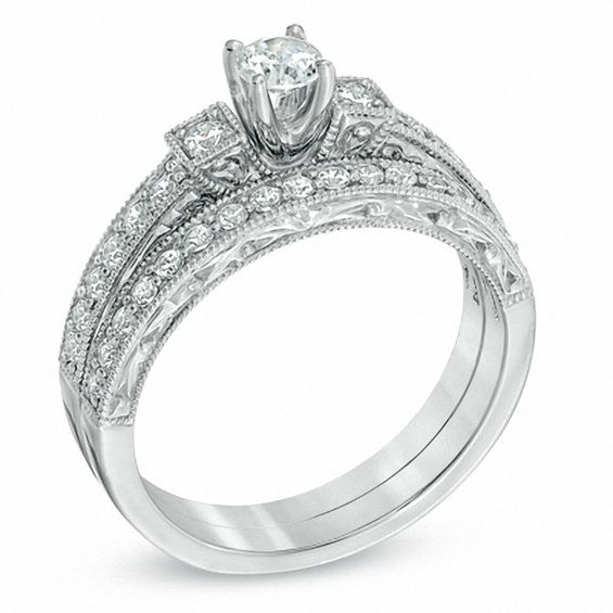 5/8 CT. T.w. Diamond Three Stone Bridal Set in 14K White Gold