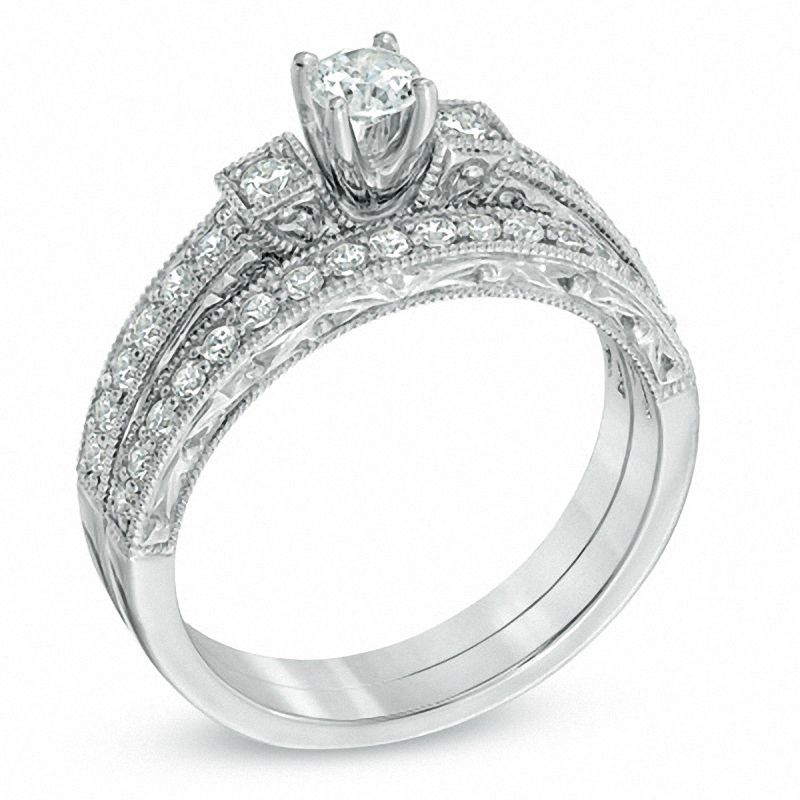 Main Image 2 of 5/8 CT. T.W. Diamond Three Stone Bridal Set in 14K White Gold