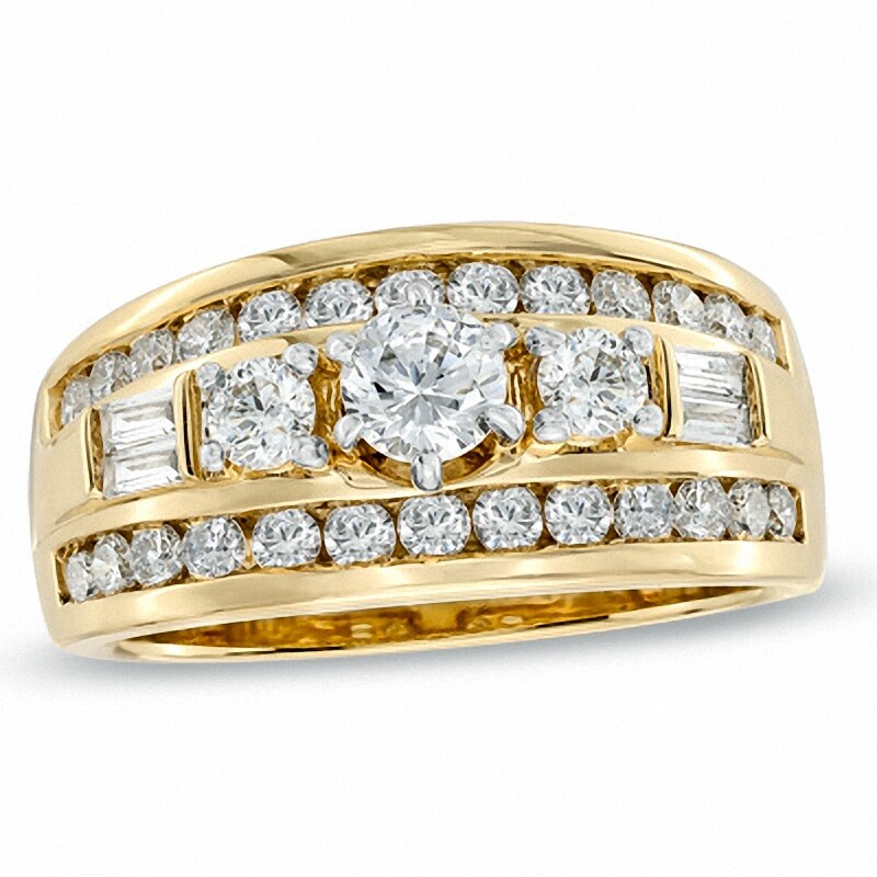 Main Image 1 of 1-1/4 CT. T.W. Baguette and Round Diamond Engagement Ring in 14K Gold