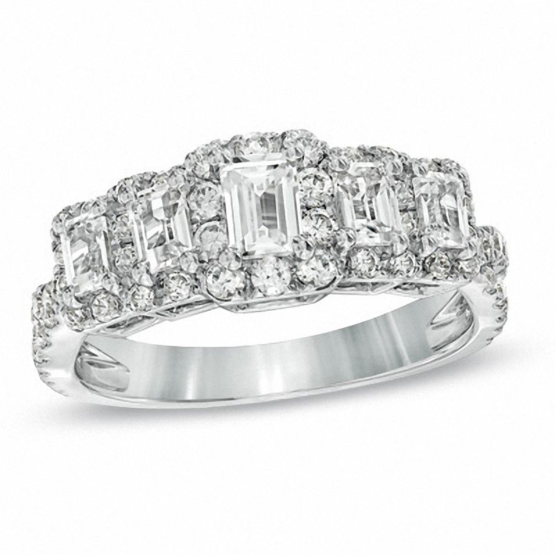 Main Image 1 of 1-3/4 CT. T.W. Certified Emerald-Cut Diamond Five Stone Twist Ring in 14K White Gold (I/I1)