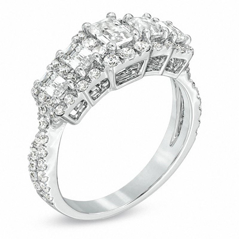 Main Image 2 of 1-3/4 CT. T.W. Certified Emerald-Cut Diamond Five Stone Twist Ring in 14K White Gold (I/I1)