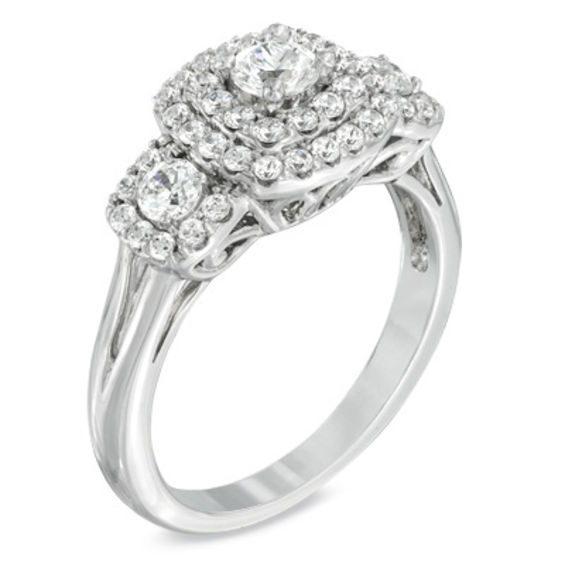 1 CT. T.w. Diamond Double Frame Three Stone Ring in 10K White Gold