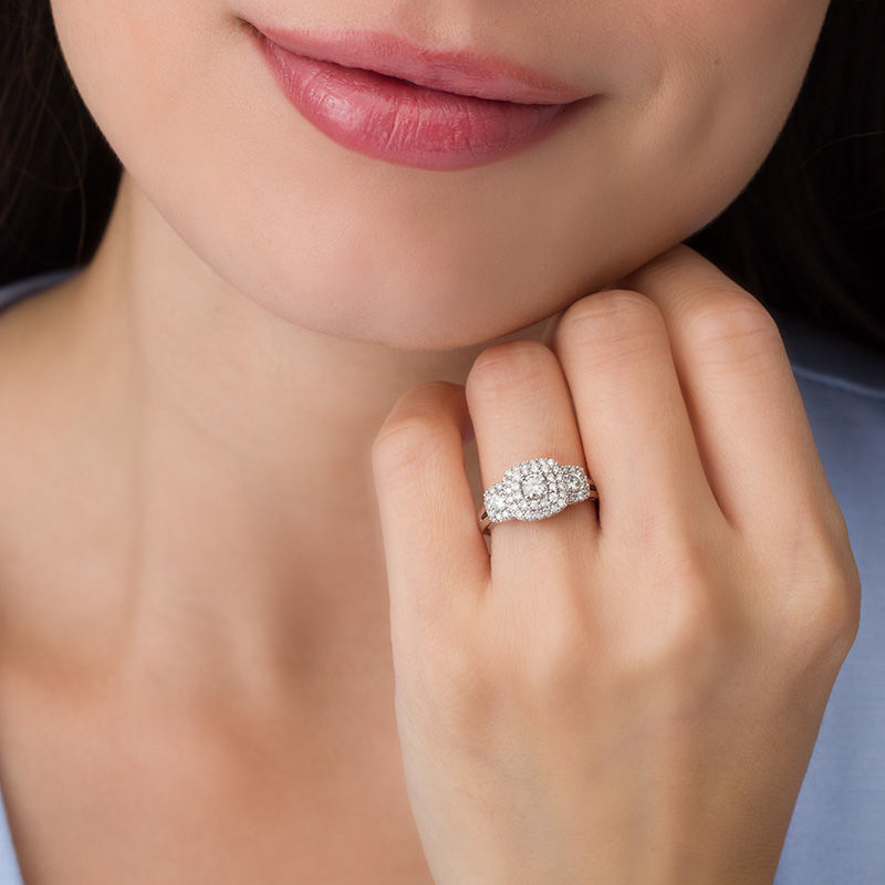 Main Image 3 of 1 CT. T.W. Diamond Double Frame Three Stone Ring in 10K White Gold