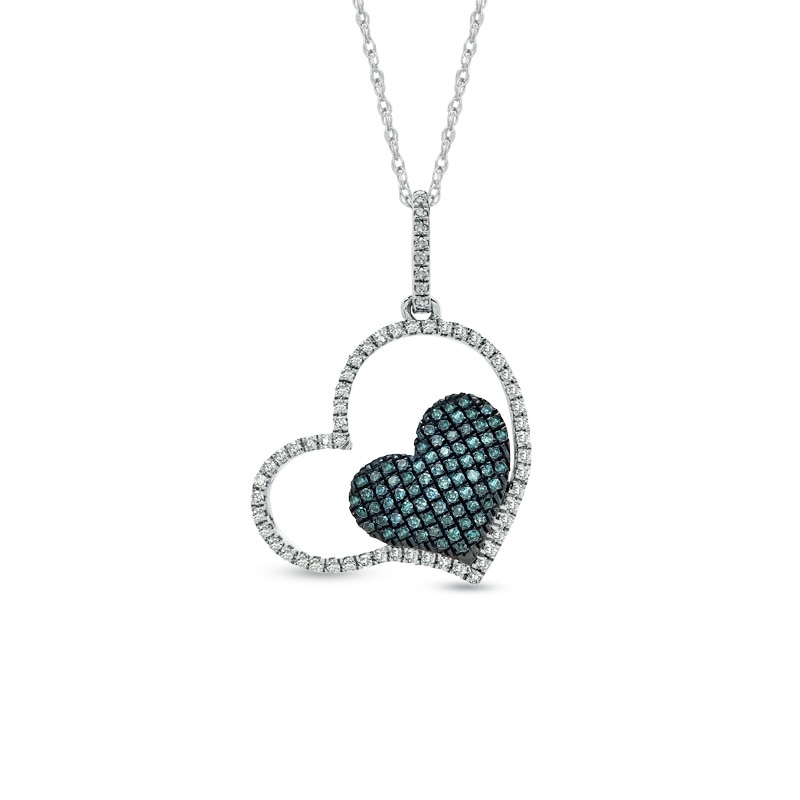 Main Image 1 of 1/3 CT. T.W. Enhanced Blue and White Diamond Tilted Double Heart Pendant in 10K White Gold