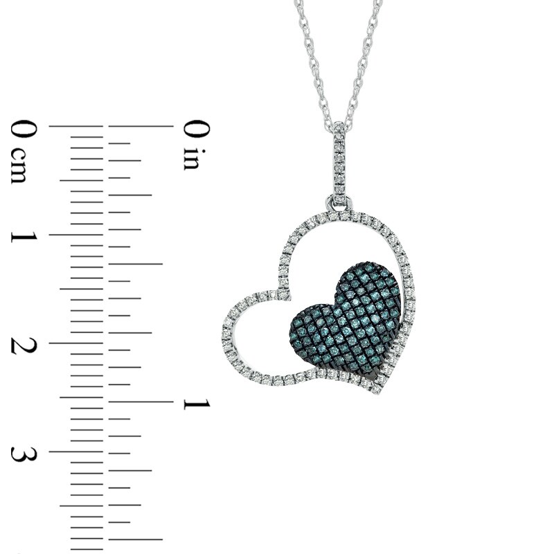 Main Image 2 of 1/3 CT. T.W. Enhanced Blue and White Diamond Tilted Double Heart Pendant in 10K White Gold