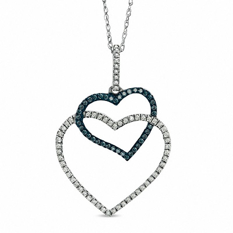 Main Image 1 of 1/4 CT. T.W. Enhanced Blue and White Diamond Double Heart Pendant in 10K White Gold