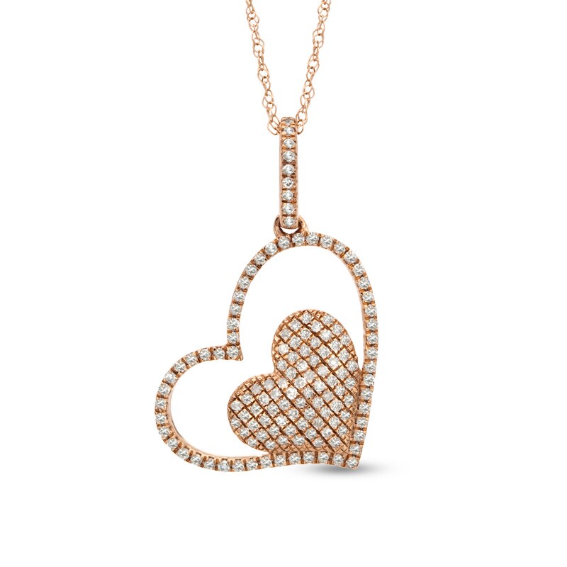 Main Image 1 of 1/3 CT. T.W. Diamond Tilted Double Heart Pendant in 10K Rose Gold