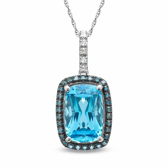 Cushion-Cut Swiss Blue Topaz and 1/5 CT. T.w. Enhanced Blue and White Diamond Pendant in 10K White Gold