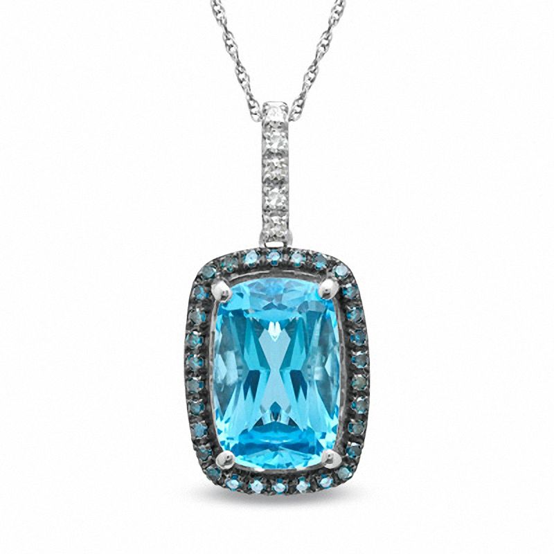 Main Image 1 of Cushion-Cut Swiss Blue Topaz and 1/5 CT. T.W. Enhanced Blue and White Diamond Pendant in 10K White Gold