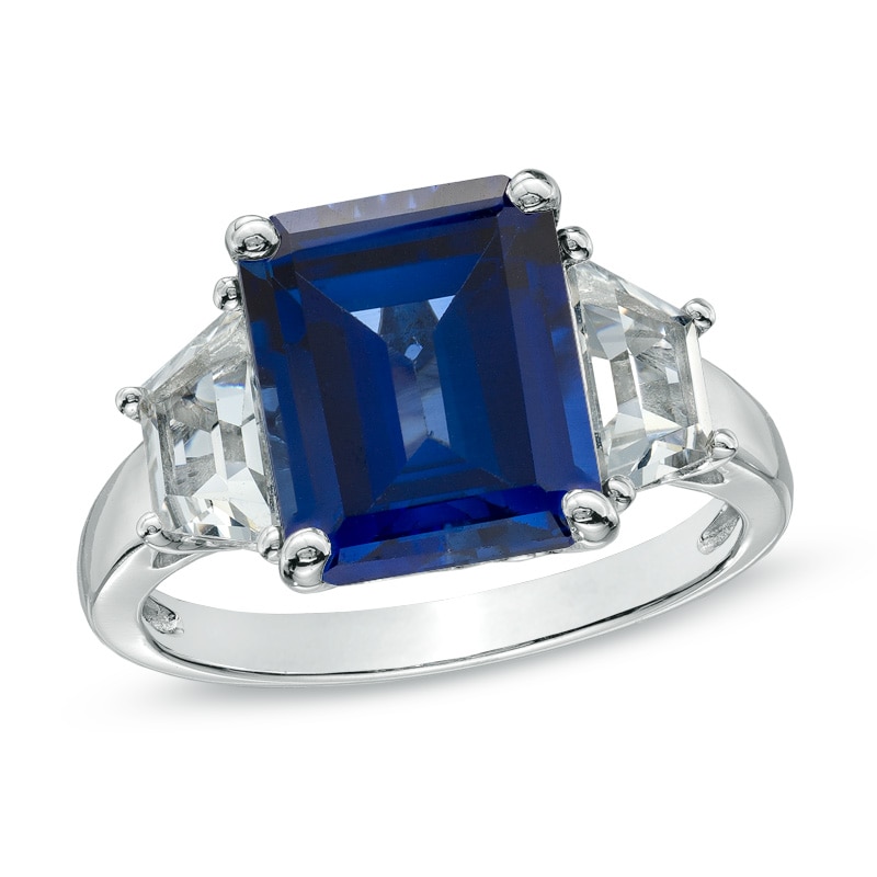 Main Image 1 of Emerald-Cut Lab-Created Ceylon and White Sapphire Ring in 10K White Gold