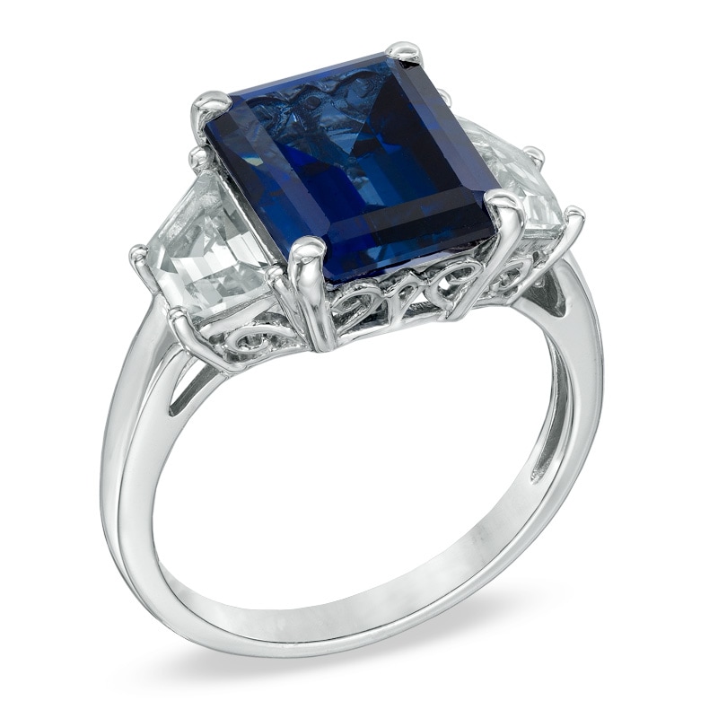 Emerald-Cut Lab-Created Ceylon and White Sapphire Ring in 10K White Gold