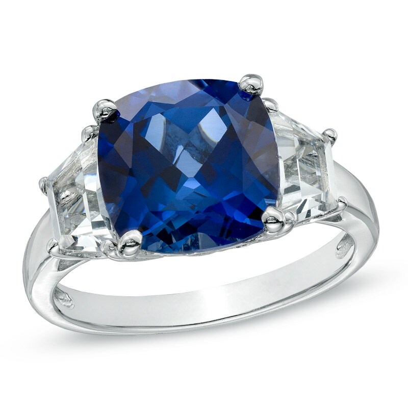 Main Image 1 of 10.0mm Cushion-Cut Lab-Created Ceylon and White Sapphire Three Stone Ring in 10K White Gold