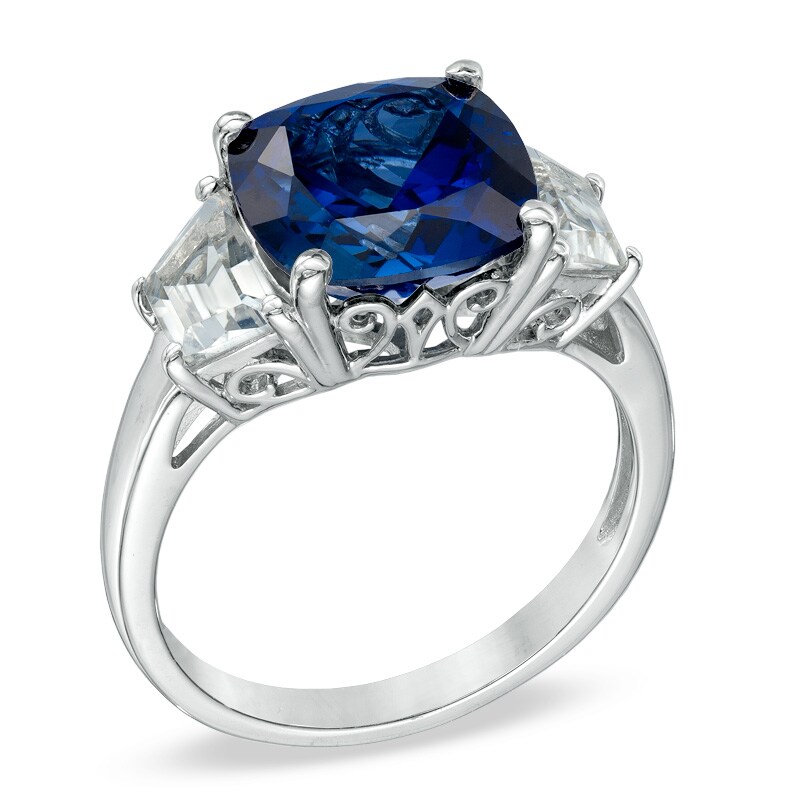 Main Image 2 of 10.0mm Cushion-Cut Lab-Created Ceylon and White Sapphire Three Stone Ring in 10K White Gold