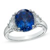 Thumbnail Image 1 of Oval Lab-Created Ceylon and White Sapphire Three Stone Ring in 10K White Gold