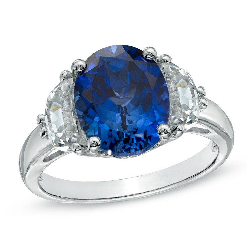 Main Image 1 of Oval Lab-Created Ceylon and White Sapphire Three Stone Ring in 10K White Gold